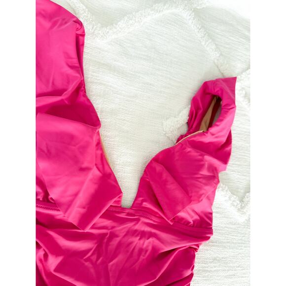 J. Crew | NWT | Ruched ruffle one-piece swimsuit in Radiant Fuchsia | Sz 8 - Picture 4 of 12